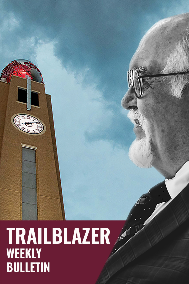 Dustdevil Trailblazer artwork featuring President Dr. Arenaz and the AIC clock tower