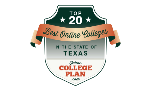 OnlineCollegePlan.com badge - Top 20 Best Online Colleges in the State of Texas