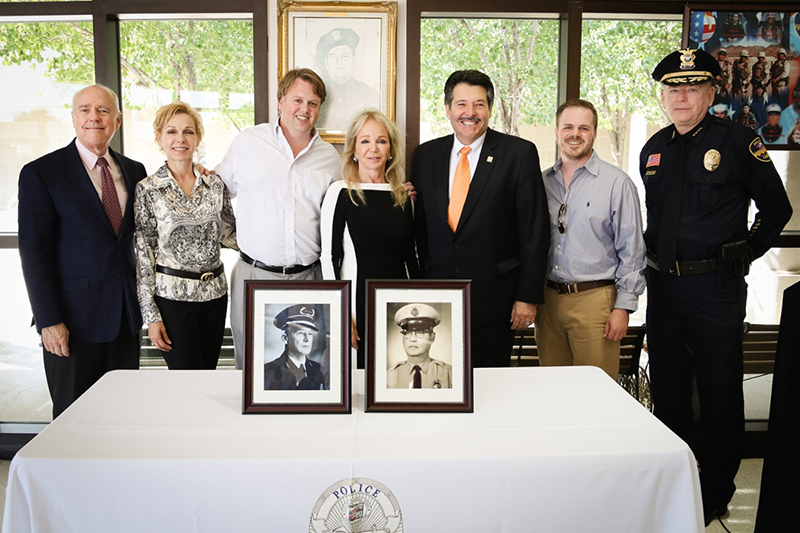 Pictured left to right are Dr. Ray Keck, TAMIU president; Janice Gallagher González, Leyendecker’s sister;  Cliffe Killam, Endowment benefactor and son of Leyendecker; Mary Lamar Gallagher Leyendecker, Endowment presenter and daughter and granddaughter of the honorees; Laredo Mayor Pete Saenz; David Killam, Jr.,  Leyendecker’s son, and Chief Ray Garner, Laredo Police Department.