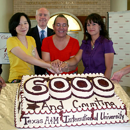 Left to right: TAMIU’s 6000th student, Mengxuan (Michelle) Ding; Dr. Keck; 3000th student Esther Buckley and 5000th student Selma Lopez. Not pictured is the 4000th student, Griselda Canales.