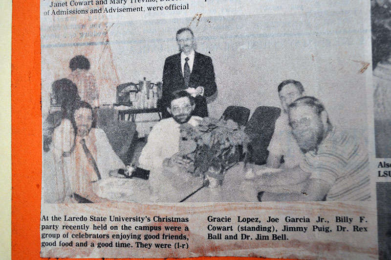 At the Laredo State University's Christmas party recently helpd on the campus were a group of celebrators enjoying good friends, good food and good time. They were (l-r) Gracie Lopez, Joe Garcia Jr., Dr. Billy F. Cowart (standing), Jimmy Puig, Dr. Rex Ball, and Dr. Jim Bell.