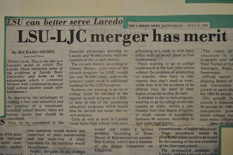 Newspaper clipping from July 21, 1982 headlined 'LSU-LJC merger has merit'.