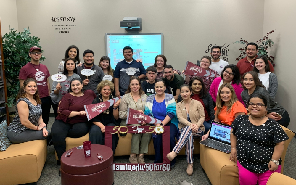 Members of the TAMIU 50 Hours for 50 Years  team celebrate the success of the first-ever initiative that leveraged social media to help raise funds for 84 TAMIU programs.