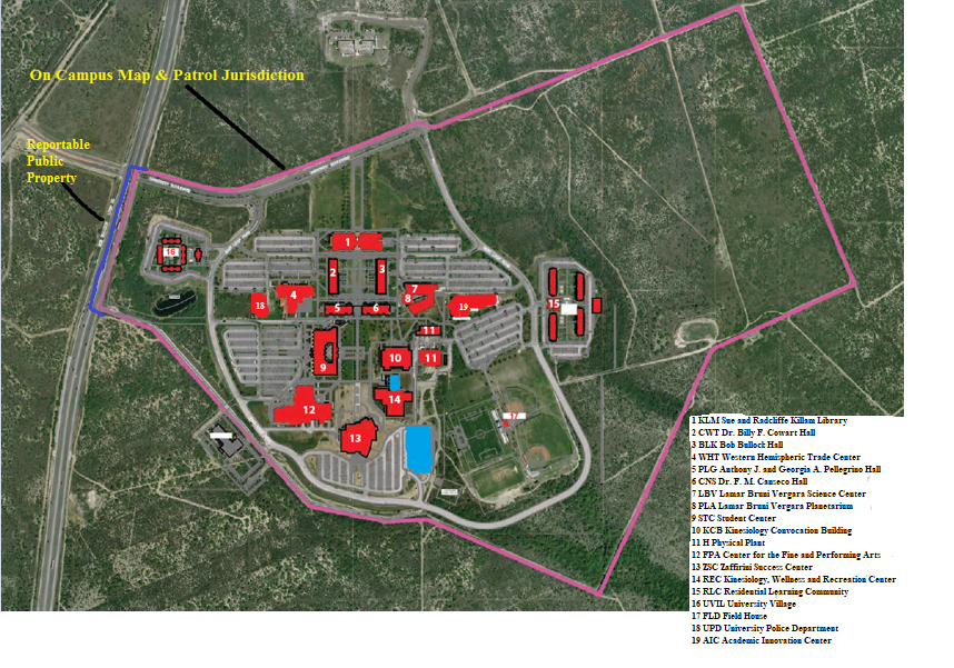 Satelite view of campus boundary and public property