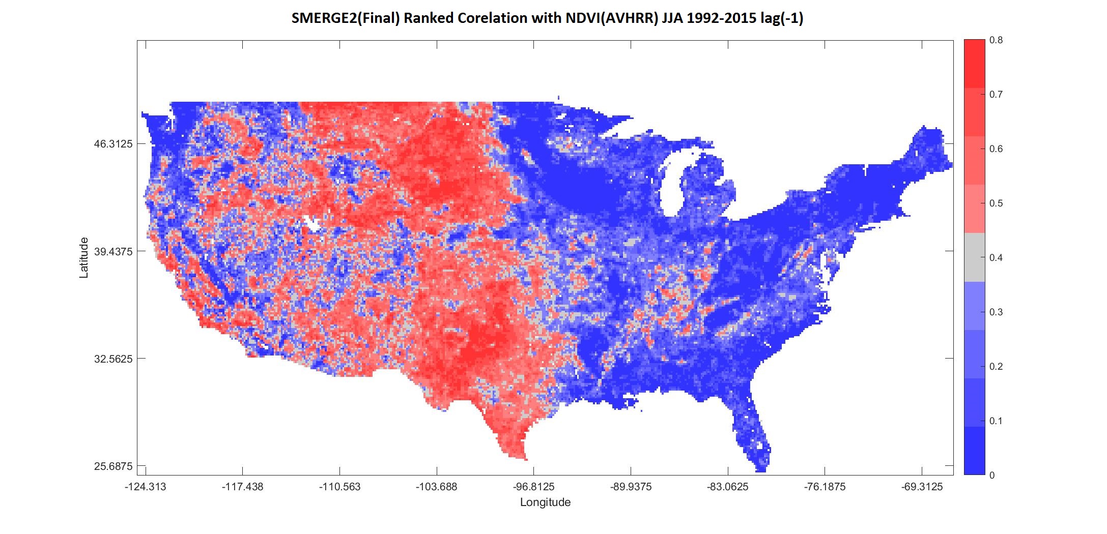 SMERGE2(Final) Ranked Corelation with NDV(AVHRR) JJA 1992-2015 (lag-1) SMERGE2(Final) Ranked Corelation with NDV(AVHRR) JJA 1992-2015 (lag-1) | smerge_validation1