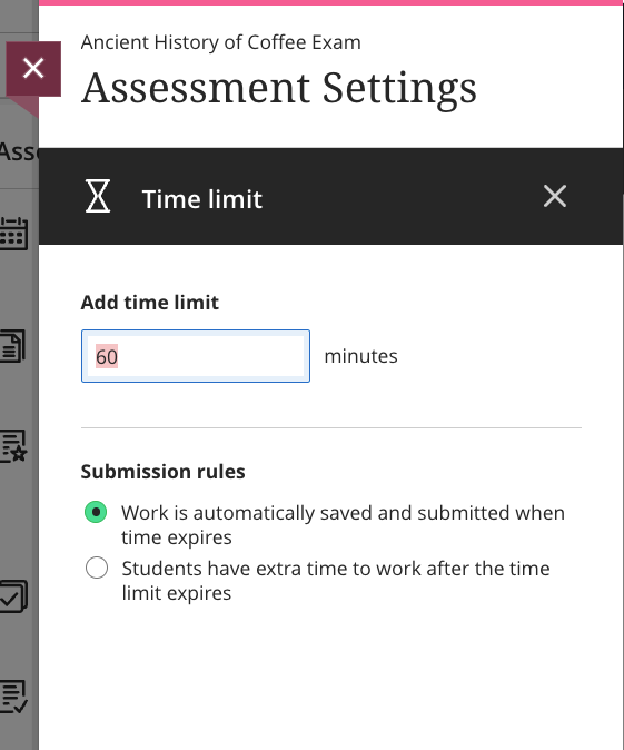 Enabling Timer and Auto-Submit Feature. Arrows pointing to checkbox to enable timer, field box to add timer in minutes, and radio button to turn on auto-submit featue.