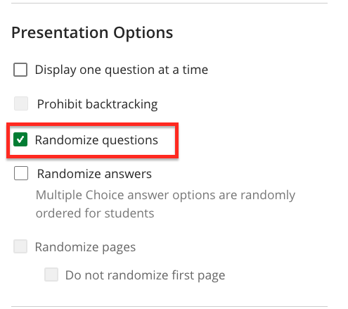 Test Presentation section, displaying 'Randomize Questions' as enabled.