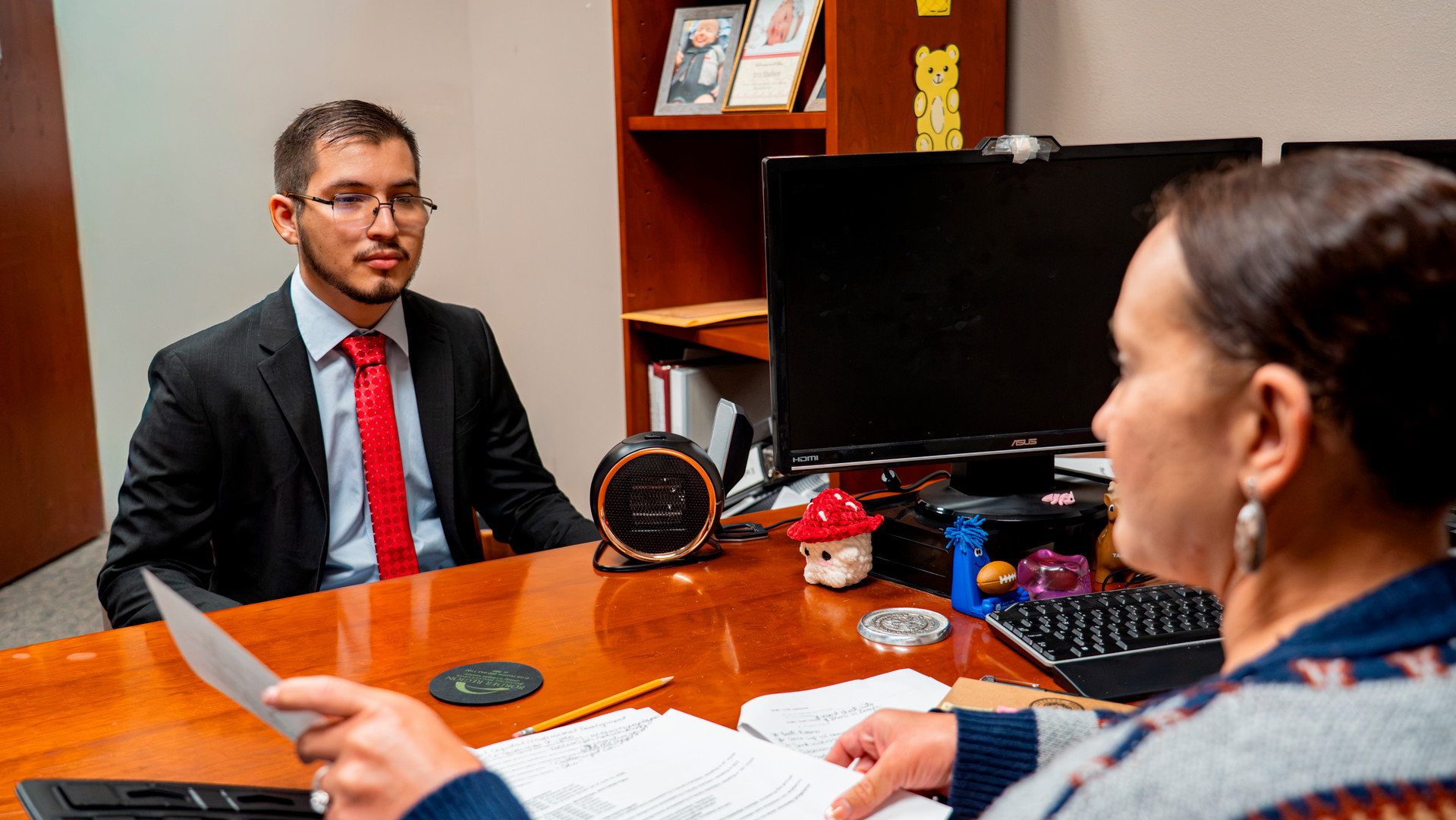 student in an interview
