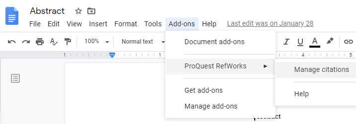 RefWorks in Google Docs screenshot