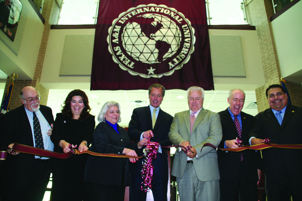 Pictured from left to right are Dr. Pablo Arenaz, TAMIU provost; Minita Ramirez, TAMIU vice president for Student Success; Sen. Zaffirini; Lt. Gov. Dewhurst; Texas A&M University System Chancellor Michael McKinney; Dr. Keck; and Representative Ryan Guillen.