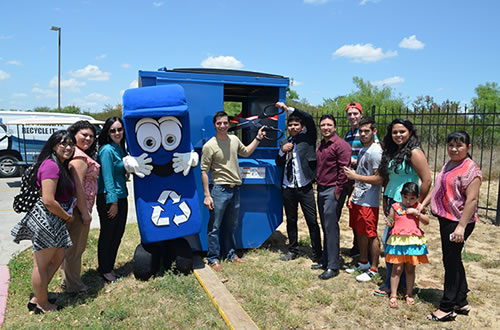 Pictured from left to right are: Alma López; Jessica Pérez, Environmental Committee member; Sylvia Garza, City of Laredo Recycling Program Coordinator; mascot Billie Bote, Roger García; Seven Flores, Green Club president; Ronnie Castro, Green Club advisor; Leonel Garza, Bryan Castillo, Daisy Espinosa, Green Club secretary; Jorge Flores (Seven Flores' father); Yadira Flores (Seven Flores' mother); and Isabella Flores (Seven Flores' sister).