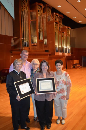 Pictured, left to right are Mary Ann Winden, AAGO, ChM, Education Chair, Alamo Chapter of the AGO and Alamo Chapter dean; Dr. Campbell, AGO Member; Windisch, NPM/AGO SPC; Madolyn Douglas Fallis, CAGO, former AGO National Councillor of AGO and dean, Alamo Chapter of AGO, and Lena Gokelman, NPM Executive Board member, and director of Music Ministries at the University of Incarnate Word.