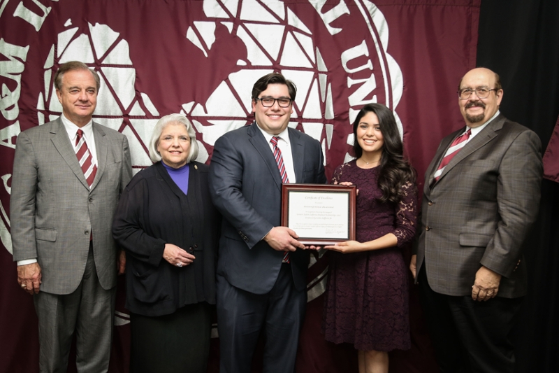 At ceremonies celebrating the Scholarship creation are, left to right, The Texas A&M University System Chancellor, John Sharp; State Senator Judith Zaffirini, Carlos Zaffirini, Jr., Andrea González De La Cruz, the first recipient of the Zaffirini Endowed Scholarship, and TAMIU Interim President, Dr. Pablo Arenaz.