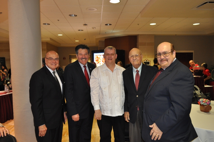 Celebrating the film's April debut at TAMIU are, left to right, Arthur Emerson, KLRN-CEO, Laredo Mayor Pete Saez, Composer Dr. Colin Campbell; Laredo music legend Elmo Lopez and TAMIU president, Dr. Pablo Arenaz.