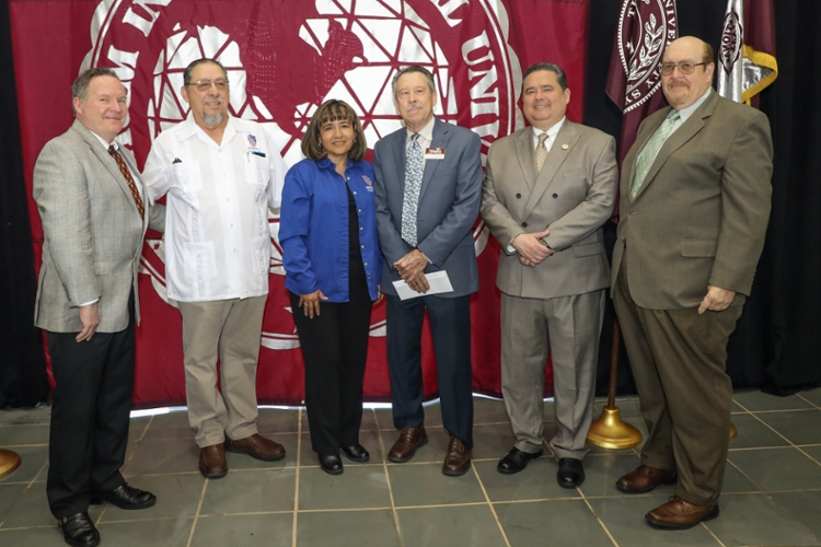 Left to right, College of Education Dean Dr. James O’Meara, Jose Gonzalez, Chapter 7; vice president Paty Valero, LULAC Chapter 7 president;  research project leader and TAMIU professor Dr. Philip Roberson, Roger C. Rocha, LULAC national president, and  Dr. Pablo Arenaz, TAMIU president.  Local bilingual educators are encouraged to share their stories for the project.