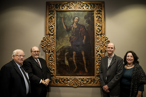 A 17th Century portrait of St. John the Baptist by famed Mexican painter Juan Correa has been gifted to Texas A&M International University by Anthony Leyendecker, Jr. and now hangs in the Sue and Radcliffe Killam Library.  Left to right, Douglas Ferrier, Killam Library director;  Dr. Pablo Arenaz, president; Anthony Leyendecker, Jr., and Rosanne Palacios, vice president for institutional advancement at TAMIU.