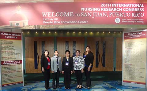 Texas A&M International University (TAMIU) graduate nursing students were the only student representatives from The Texas A&M University System to present their research at the Sigma Theta Tau International 26th International Nursing Research Congress in Puerto Rico. From left to right are students Amy Lorraine Guerra and Juan Lira; TAMIU assistant professor and coordinator of the Family Nurse Practitioner Program Dr. Marivic Torregosa and students Crystal Botello and Claudia Carolina Beltran. Not pictured are Jesse Coe and Victor Ramos