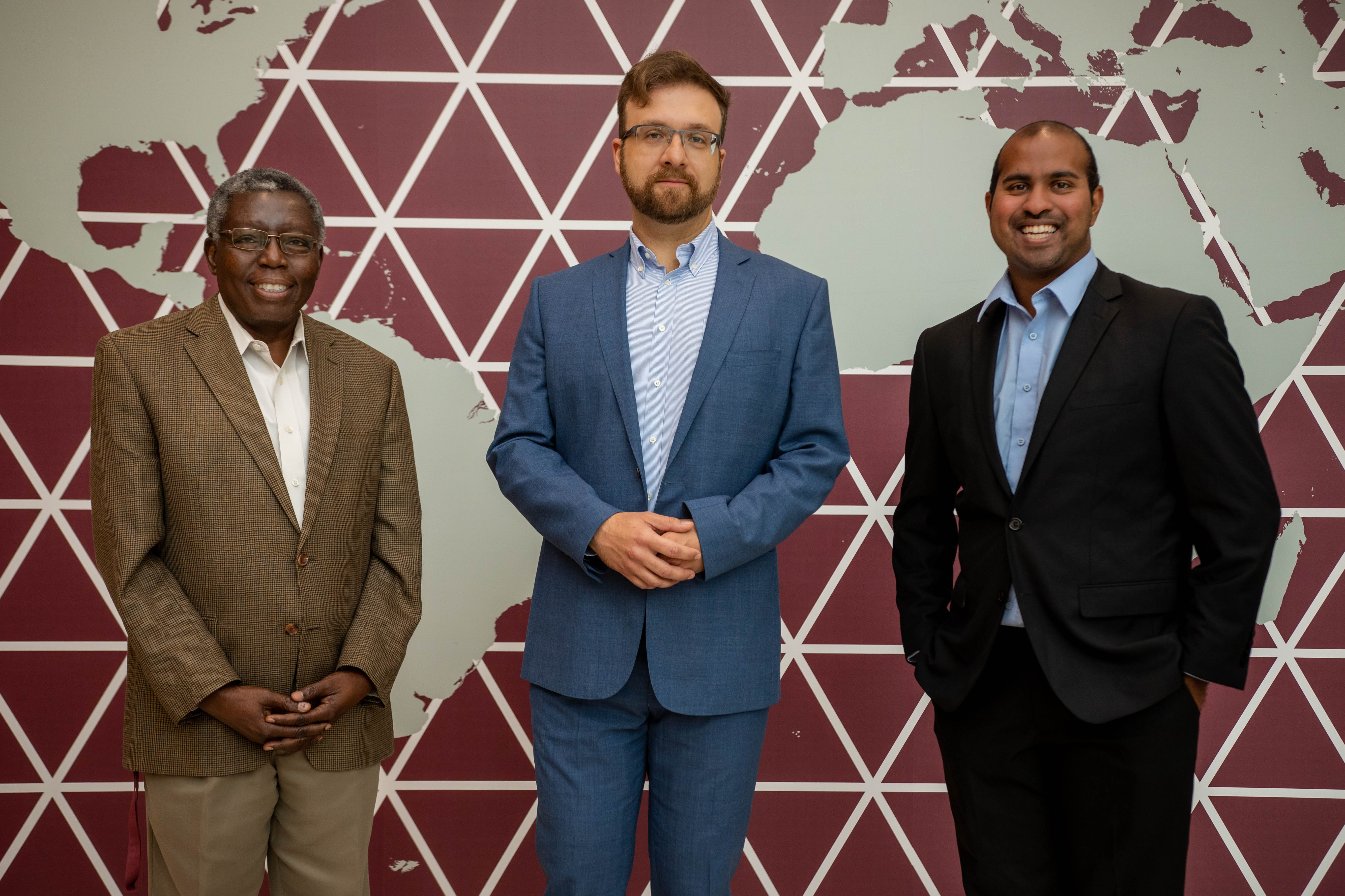 Pictured from left to right are Dr. Peter Haruna, professor of Public Administration; Dr. Adam Kozaczka, assistant professor of Humanities, and Dr. Jared Dmello, assistant professor of Criminal Justice.