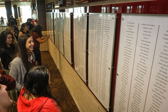 Students who have successfully maintained a four-year track are recognized on the Student Success Wall in the Senator Judith Zaffirini Student Success Center.