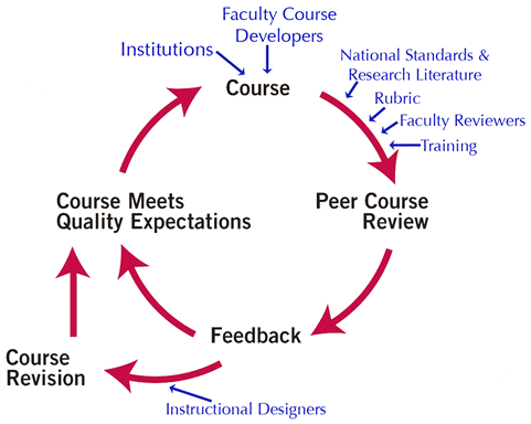 Course Faculty Course Developers Peer Course Review National Standards & Research Literature Rubric Faculty Reviewers Training Feedback Instructional Designers Course Revision Course Meets Quality Expectations Institutions
