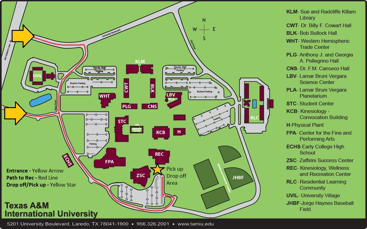 TAMIU campus map for summer camp drop off and pick up