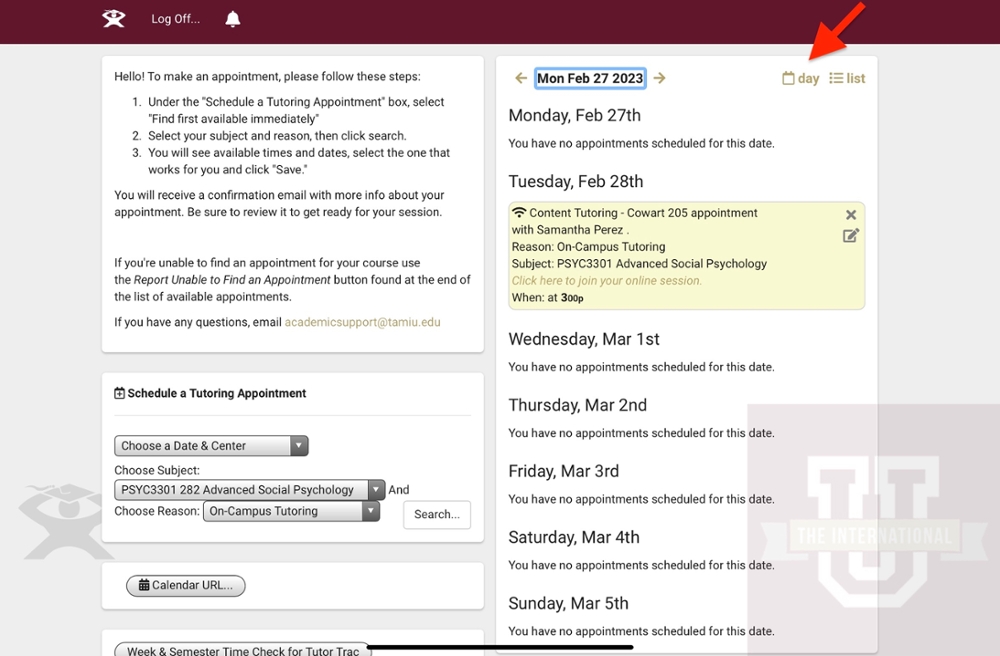 Homepage weekly calendar screen