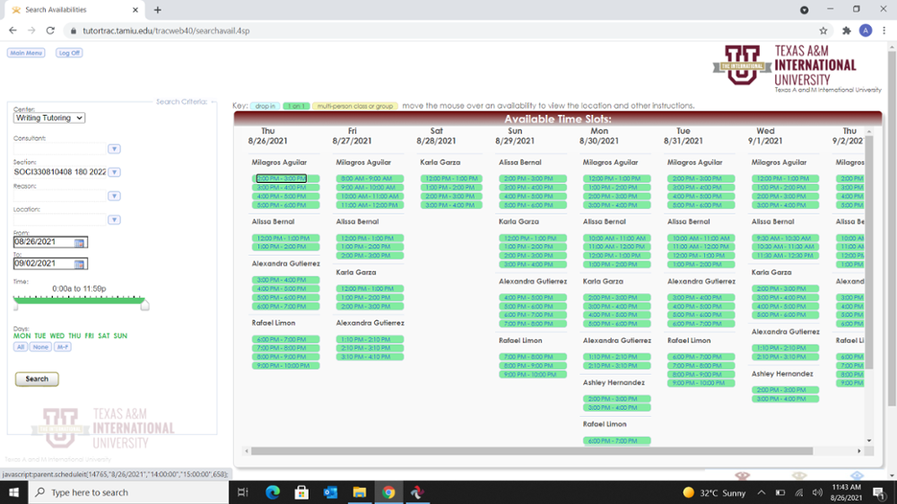 Select Tutor Time Screen