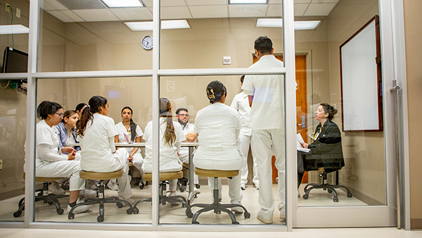 Group of students debriefing with thier professor