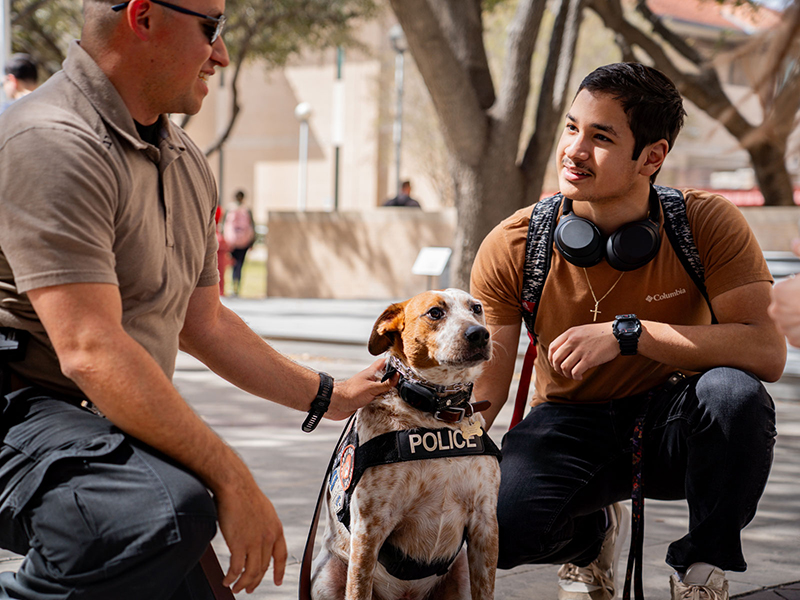 Dusty the Dog surrounded by University Community members